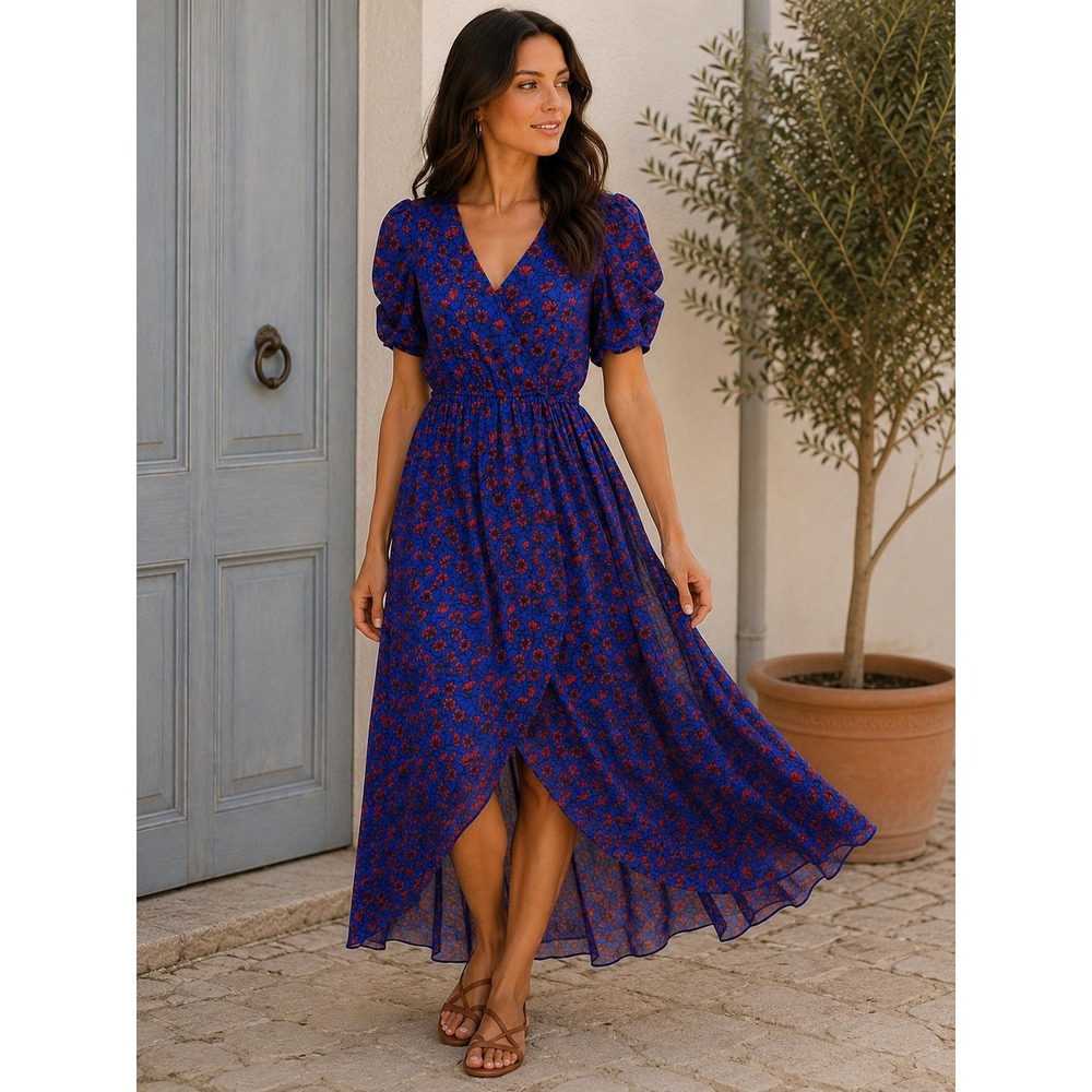Disney Snow White‎ Floral Maxi Wrap Dress Blue Red Poppy High Low Hem V-Neck XS